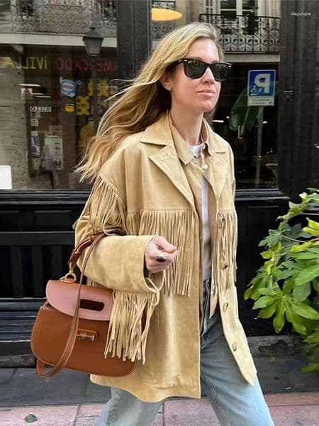 Women's Jackets Tassels Patchwork Suede Women Fashion Button Flip Collar Pockets Loose Coats Jacket 2025 Autumn Clothing Lady Outerwears