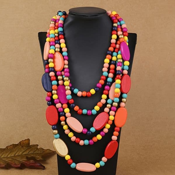 Style Multi-layer Wooden Bead Necklace - Handmade Synthetic Stone Oval Beads, Bohemian Fashion Statement Jewelry, Daily and Party Ocns, Suitable for All