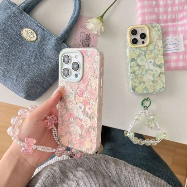 Rose flower Garden bloom kitten cat Pink green Phone case For iPhone 16 15 14 13 12 Pro Max Case Cute Sweet Cartoon Cover
