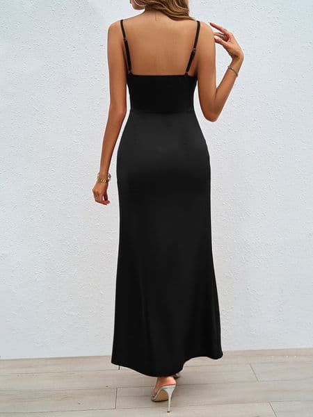 (516) Ladies summer new sexy square neck halter back suspender dress slit dress female