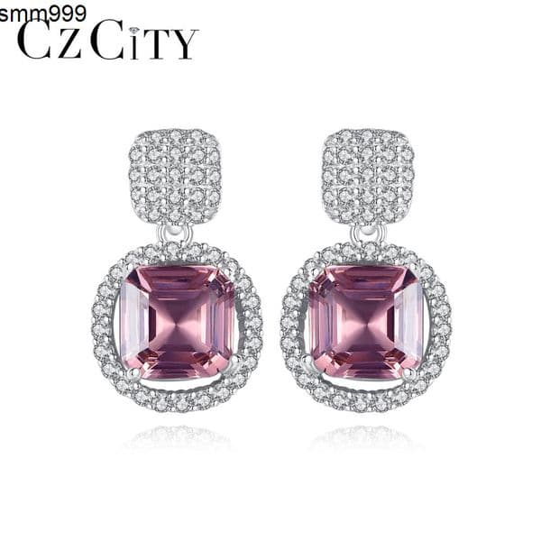 CZCITY Tiny CZ with Princess Cut Pink Morganite Main Stone Silver Earrings for Women Classic Silver Earring