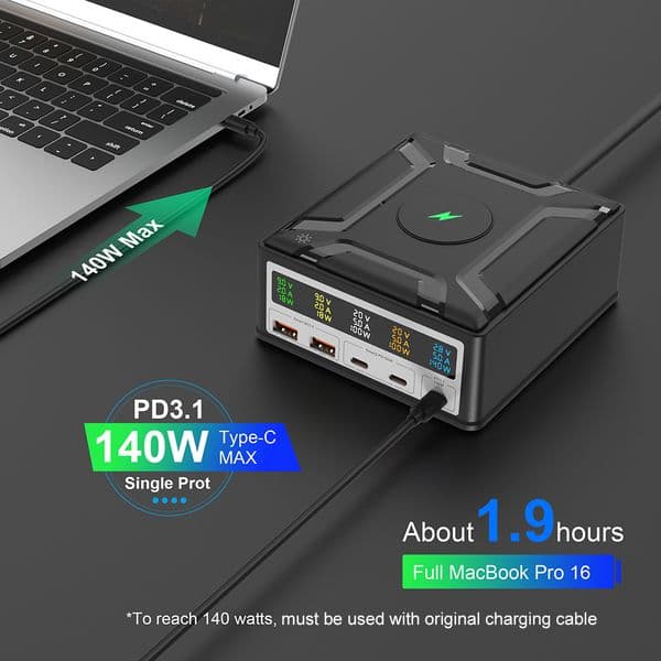 URVNS 260W 5Ports Fast 2025 USB C Charging Station, 140W PD3.1 USB C GaN Charger with LCD Display, Wireless Charger, Desktop USB Hub