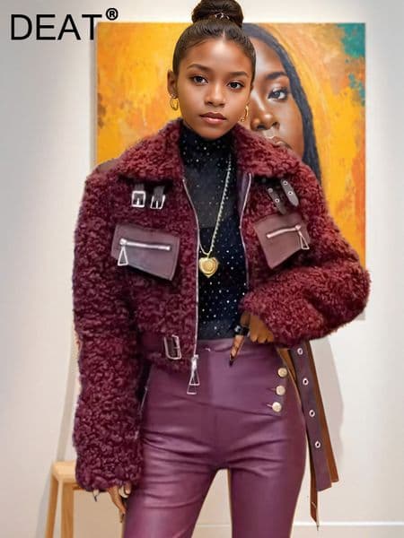 hoodie hoodie DEAT Lamb Wool Waist Belt Spliced Leather Short Jacket For Women High Street Lapel Coat Female 2024 Winter New Item 11A01478 jacket jacket