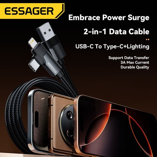 Essager PD 2 2025 in 1 USB A Cable 90 Degree Angle Type C/Lighing Fast Charging Cable For iPhone 16 15 14Pro Max iPad Xiaomi Huawei