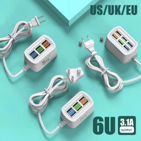 Fast USB Charger 6 2025 in 1 Power Strip Desktop Charging Station Fast Charging 1.5m Cord USB HUB Adapter Socket for IPhone 16 Home
