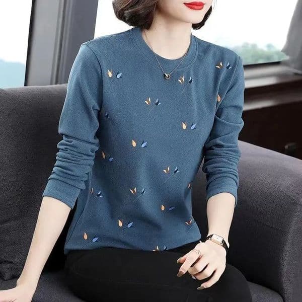 Womens Clothing Tops ONeck Long Sleeve Thick Office Lady Autumn Winter Casual Printed Allmatch Tshirt 241216