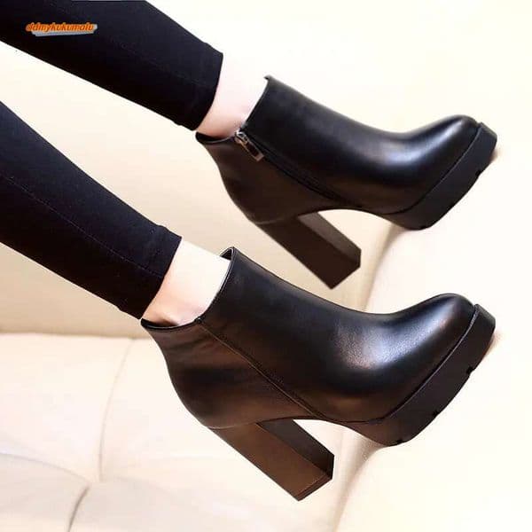 Fashion Casual Zipper Pointed Toe Soft Leather Women Square High Heel Ankle Black Motorcycle Boots Shoes ddmykukumalu
