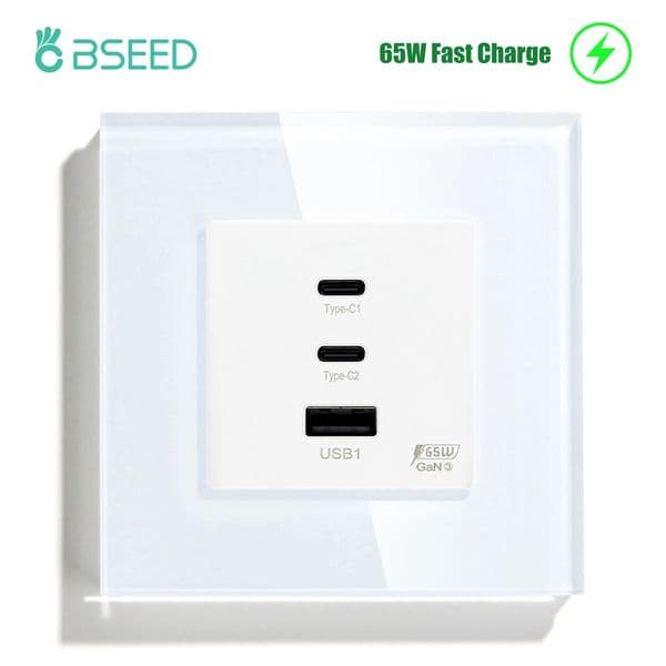 BSEED GaN3 Universal Socket 65W PD Fast Charge Port USB Type-C Quick Charge Adapter for Phone Computer Glass Panel 100V-240V 250106