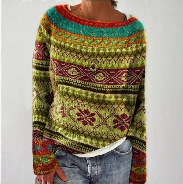 Autumn Winter 2023 Women Graphic Oversized Sweater Crewneck Long Sleeve Boho Printed Loose Fit Casual Knit Pullover Sweaters Top