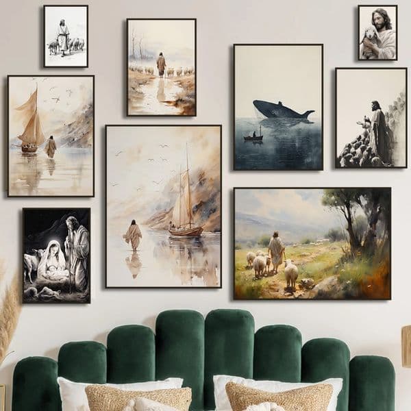 Jesus Walks on Water Christian Good Shepherd Art Poster Bible Watercolor Canvas Painting Living Room Home Decor Cuadros