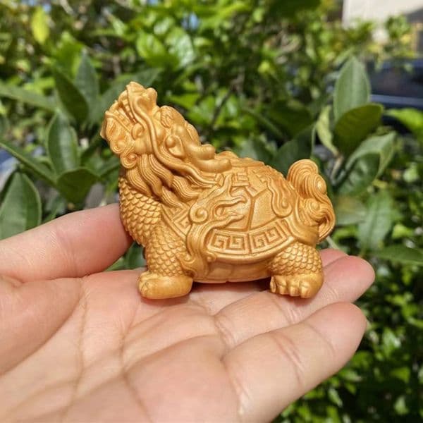 Natural Cypress Gossip Dragon Turtle Auspicious animals Figurine ,Chinese characteristic God Beast Home Room Office Decor Statue