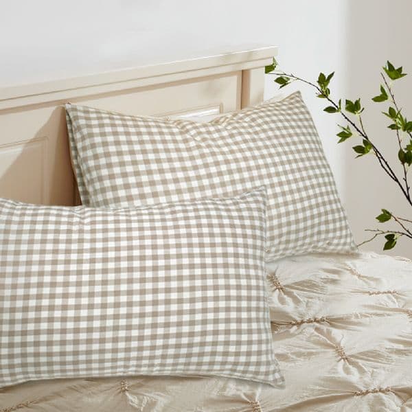 Washed Cotton Pillow Case Soft Classic Checkered Pillow Cover Comfortable Pillowcases High Quality Envelope Closure Khaki 1PC