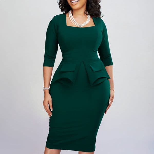 (117) Women's Spring New Solid Color Hip-hugging Temperament Elegant Commuter Large Size Dress