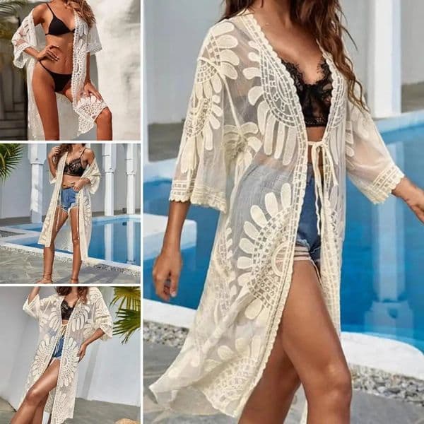 Flower Lace Coverups Beachwear White Cardigan Beach Cover Ups for Swimwear Women Bath Exits Outfits Solid Knitted Wear Coverup 250120