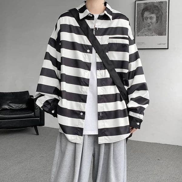 Spring Autumn Stripe Men Long Sleeve Loose Turn-Down collar Casual Shirts Mens Vintage Streetwear Y2K Shirt Plus Size 5XL