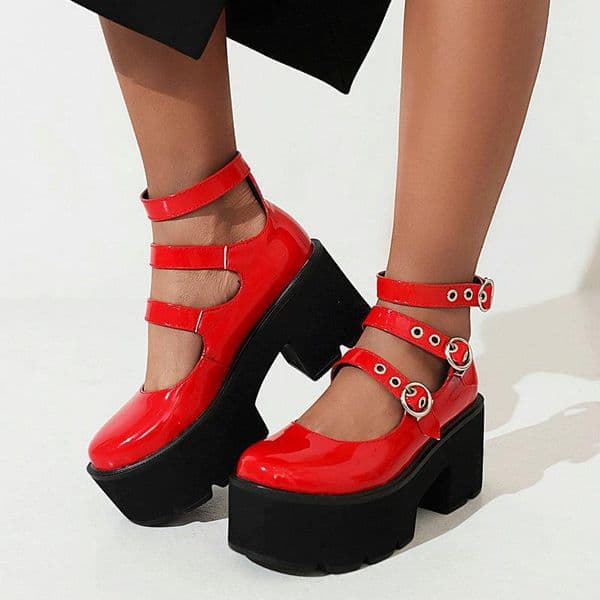 Glossy Mary Jane Platform Pumps 7.5CM Chunky Sole Round Toe Shoes in 4 Colors (Factory Direct)