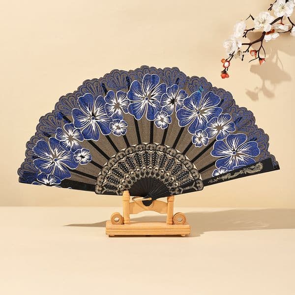 Chinese Style Floral Folding Fan - Black Base with Colorful Flower Patterns