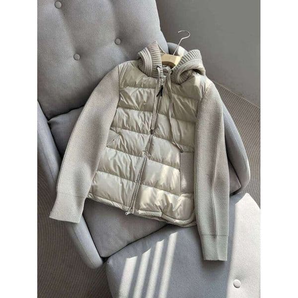 Designer Clothing 2025 Lagabogy New Autumn Winter Knitted Patchwork White Duck Down Jacket Women Drawstring Hooded Warm Lightweight Puffer Coat
