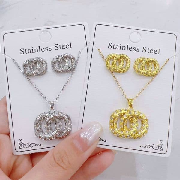 Fashion Women Men Silver Gold Stainless Steel Crystal, Rhinestone Pendant Necklace Earrings Sets Jewelry