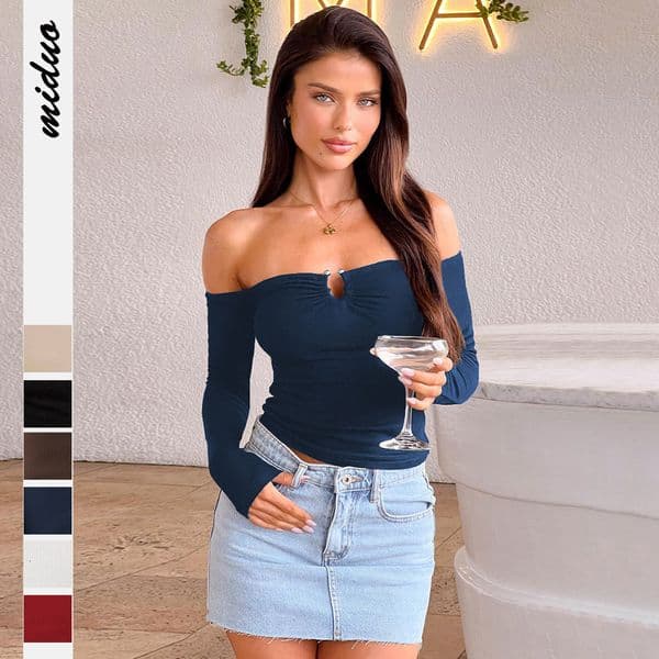 Y2K New Hot Girl Off-Shoulder Metal Buckle Ruched Slim Fit Long Sleeve T-Shirt Top Knitted Ribbed Base Shirt