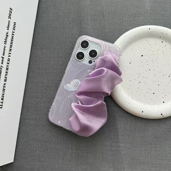 Summer Edition Purple Silk Wrist Strap Phone Case - Universal for Apple iPhone 15 ProMax/14/13/12/11 with Anti-Drop Design