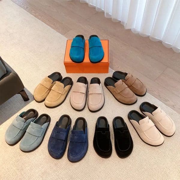 High quality genuine leather Designer Mule Slippers women and men Slip on sandals Black Brown Beige Comfortable Stylish Shoes Factory Shoes size 35-46 With Box