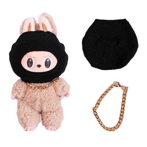 Luxury Tidal Current Labubu Black Hip Hop Mask Knitted Hat Accessories 3-Layer Big Gold Chain Street Fashion Doll Ornaments 11a