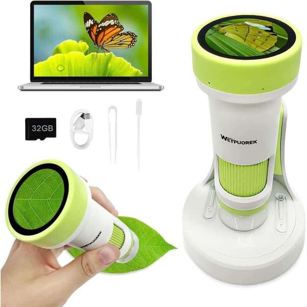 1000X Handheld Microscope, 2inch 4K Screen Rechargeable Children's Microscope with 32 GB TF Card, Mini Telescope Educational Gift Toy, Suitable for Children 123