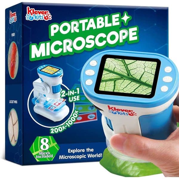 Klever Kits 2-in-1 Microscope, 1000X HD Digital Children's Microscope 2.0inch LED Screen, Portable Pocket Handheld with Slide, 32G Card, Educational Gift Toy 123