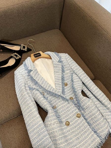 Spring Contrast Trim Tweed Blazers White Contrast Color Long Sleeve Notched-Lapel Fringe Panelled Double-Breasted Outwear Coats O3F152332