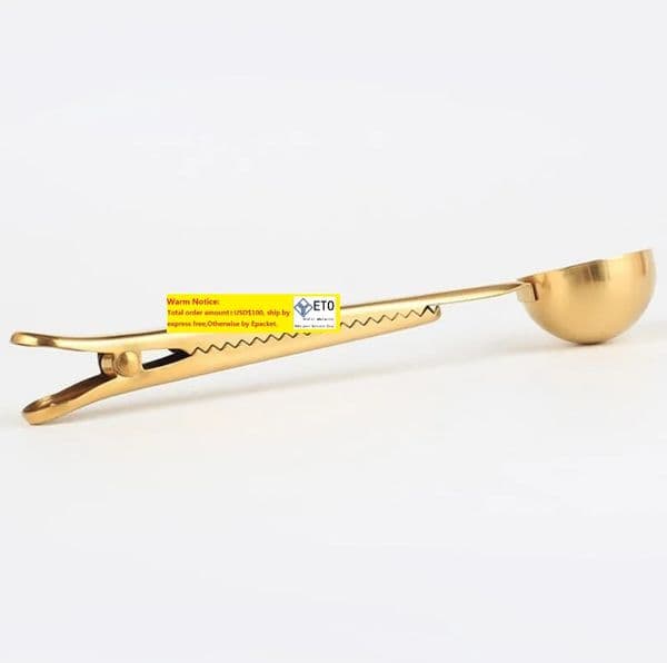 Quality Stainless Steel Ground Coffee Spoons Golden Measuring Scoop Spoon With Bag Seal Clip LX6366 ZZ
