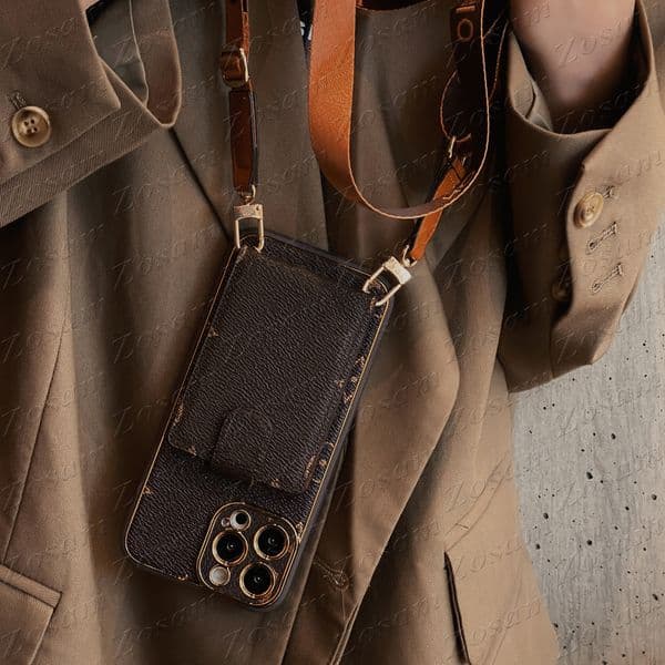Fashion Leather Card Pocket Phone Case for iPhone 17 Air 16 15 Plus 14 13 12 11 Pro Max Retro Mono Folio Storage Anti-drop Shoulder Strap Cover iPhone16 15pro 14pro