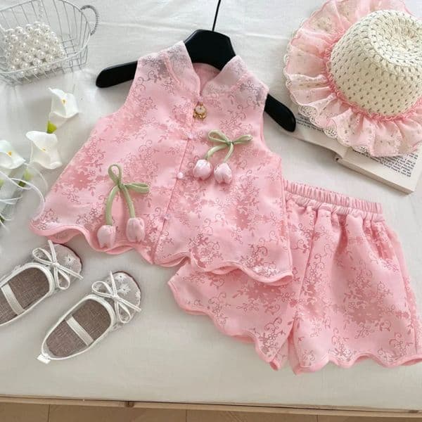 Children's Clothing Sets Tulip Jacquard Vest + Shorts 2pcs Sets Toddler Girl Clothes Baby Girl Outfit Set Kids Clothes