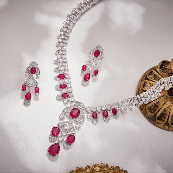 Designer Collection Style Necklace Earrings Women Lady Inlay Diamond Cubic Zircon Synthetic Ruby Tassels Pendant Party Jewelry Sets