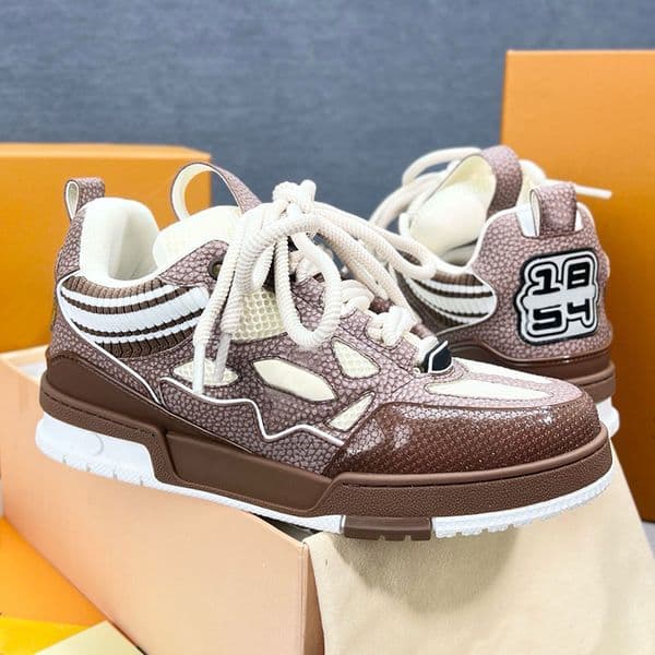 New Men Skate Sneaker Luxury Brown Mens retro calf leather sneakers 25SS Womens Sports Shoes with printed upper design High quality Womens casual shoes