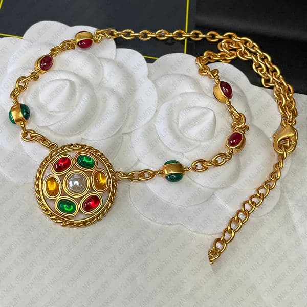 Classic Elegant Link Chain Necklaces Vintage Style Antique Style Colorful Gemstone Pendant Gold Necklace Fashion Jewelry Jewellery Gift for Women