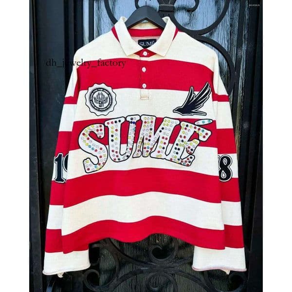 Men's T Shirts Harajuku Top SUME Text Rhinestone Print Long Sleeved Shirt Style Retro Striped Hip-hop Street Collar 227
