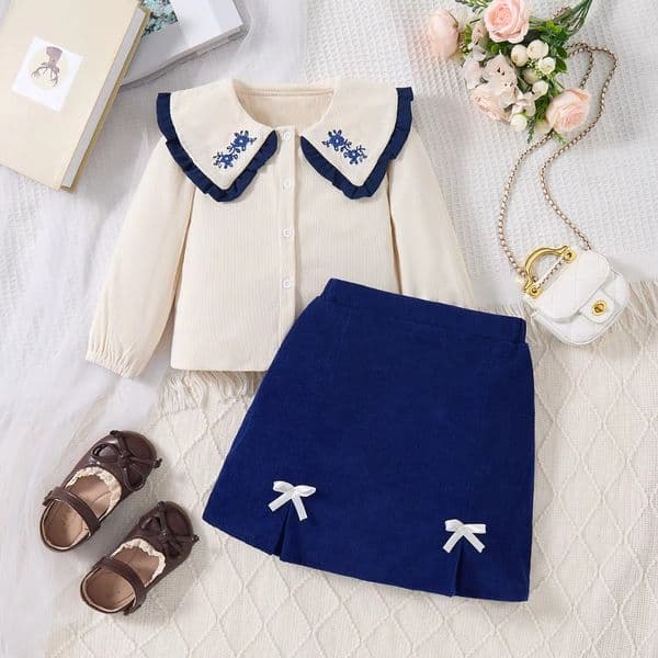Children's Clothing Sets Flower Embroidery Lapel Long Sleeve Blouse + Bow Skirt 2pcs Sets Toddler Girl Clothes Baby Outfit Set