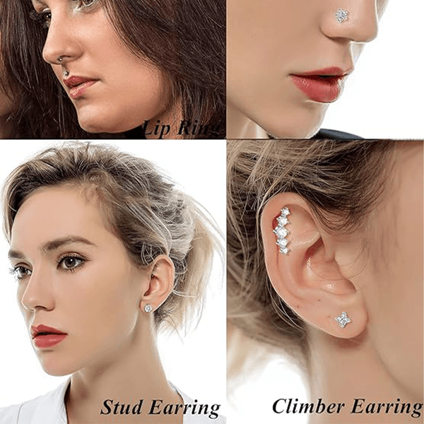 18Pcs Cartilage CZ Stud Earrings Conch Forward Helix Tragus Daith Piercing Lip Rings Snake Heart Butterfly Flower Jewelry for Women Men 16G Silver Tone