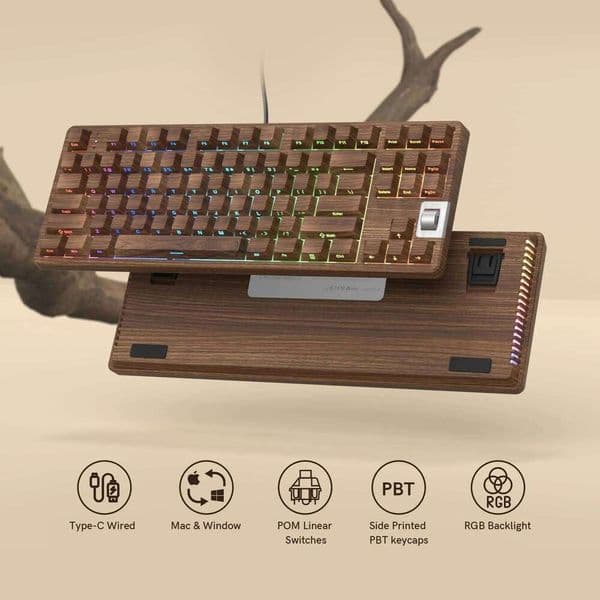 WOMIER F87 Walnut 75% Wired Gaming Mechanical Side Printed Backlit Program Keyboard With Pre-Lubed White Switch For PC