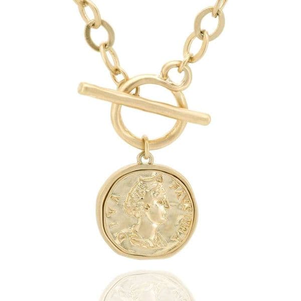 Chunky Gold Coin Pendant Necklace Trendy Layered Statement Chain Women, Antique Toggle Design with Thick Link, Fashionable Necklaces for Women