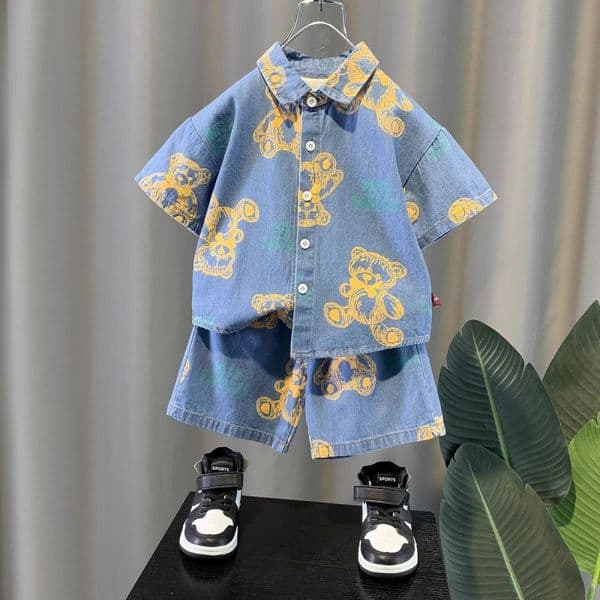 Boys Summer Denim Clothing Set Baby Boy Print Clothing Set Cartoon Short Sleeve T Shirts Shorts 2 pcs Set Kids Clothing Sets