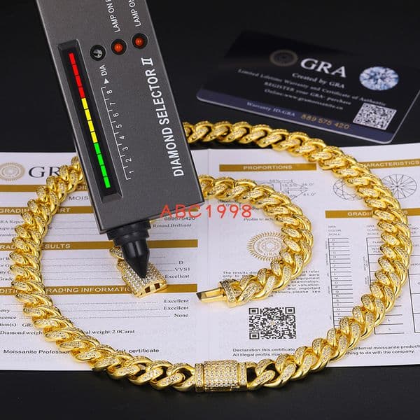 Moissanite Hip Hop Jewelry 12mm Gold Plated 925 Sterling Silver VVS Moissanite Diamond Iced Out Cuban Link Chain Necklace