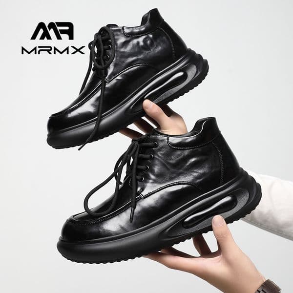 Men's Leather 2025 New Fashion British Style Versatile Casual Warm Fleece Lined High-top Cushioned Height-increasing Thick-soled Cotton Shoes