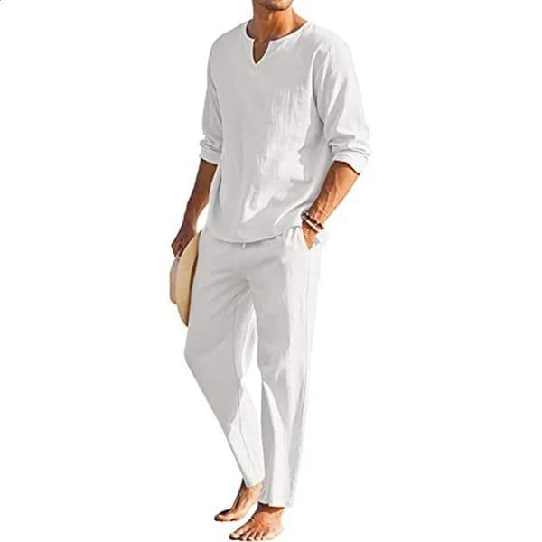Casual Cotton Linen Two Piece Men Set Fashion Loose V Neck Long Sleeve Tops And Trouser Suits Mens Beach Style Clothing Summer 250906BJ
