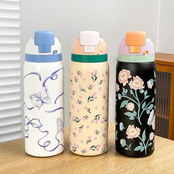 34oz Stylish Stainless Steel Water Bottle Trendy Floral TwoTone Design 24 Hours Hot/Cold Insulated Leakproof Sport Lid Handle L250828