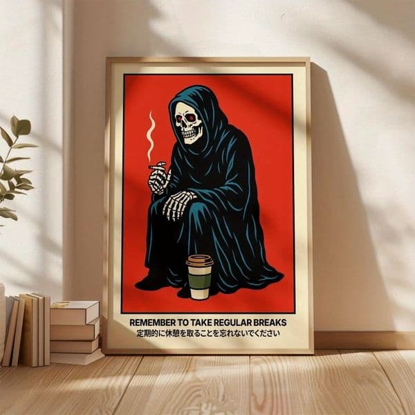 Death Rest Poster, Regular Nap Sign, Coffee Skull Wall Art, Black Humor Print, Japanese Office Decoration