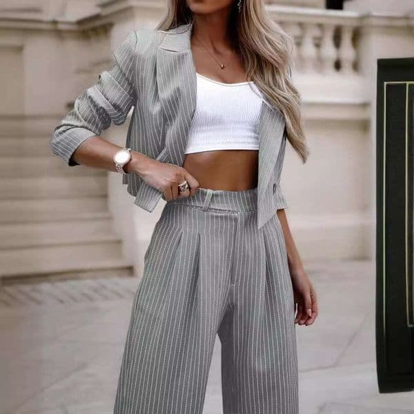 European and American Women's Elegant Striped Short Lapel Blazer Straight Pants Set 2025 New Casual Versatile Fashion Clothing