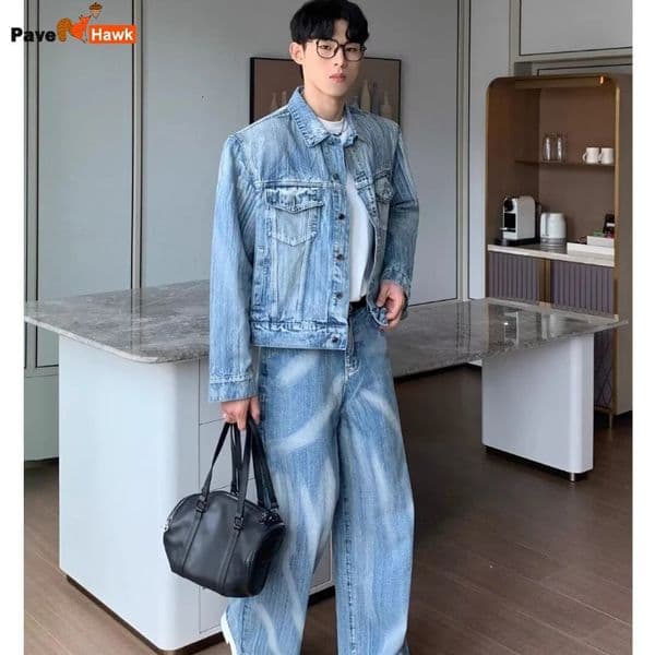 Trendy Hip Hop Mens Cow Suit High Street Tie Dye Blue Unisex 2-pcs Set Y2k Punk Denim JacketStraight Leg Jeans Sets 250303