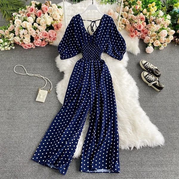 Vneck sexy Dolman sleeve waist ultrathin polka dot print jumpsuit womens wide leg Trouser 250303